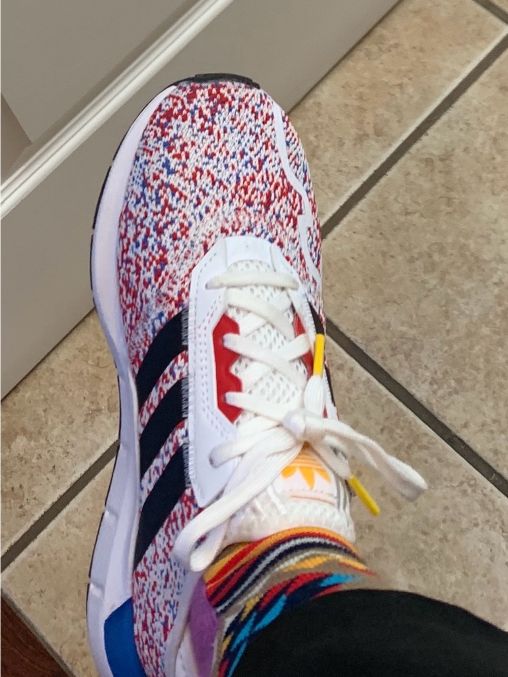 adidas Kids White Multicolor Knit Sneaker with Navy Stripes